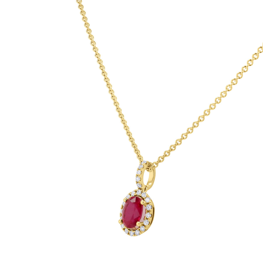 Ruby and Diamond Halo Oval Pendant Necklace