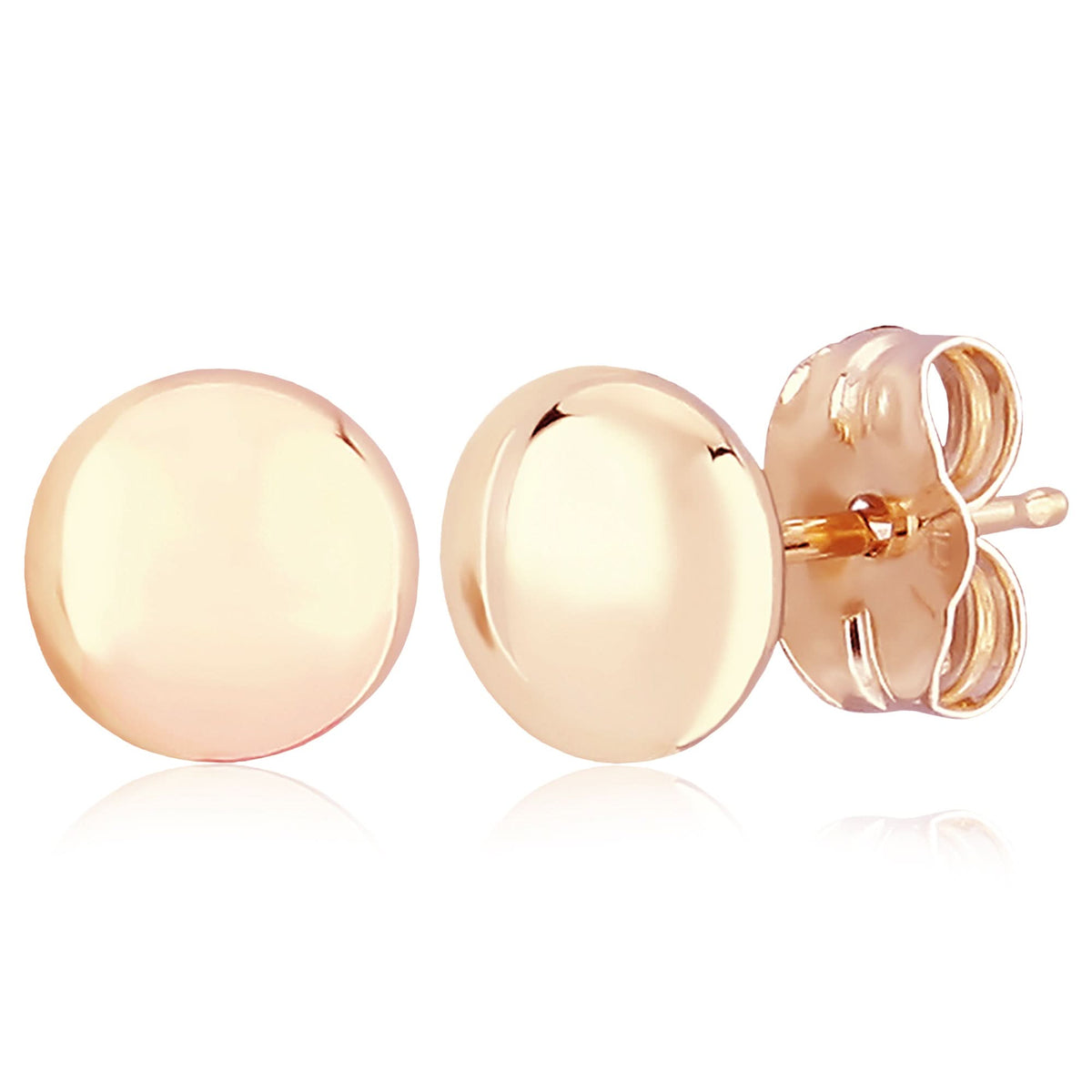 A pair of polished rose gold stud earrings, one shown from the front and the other from the side displaying the butterfly back, on a clean white background with a soft reflection.