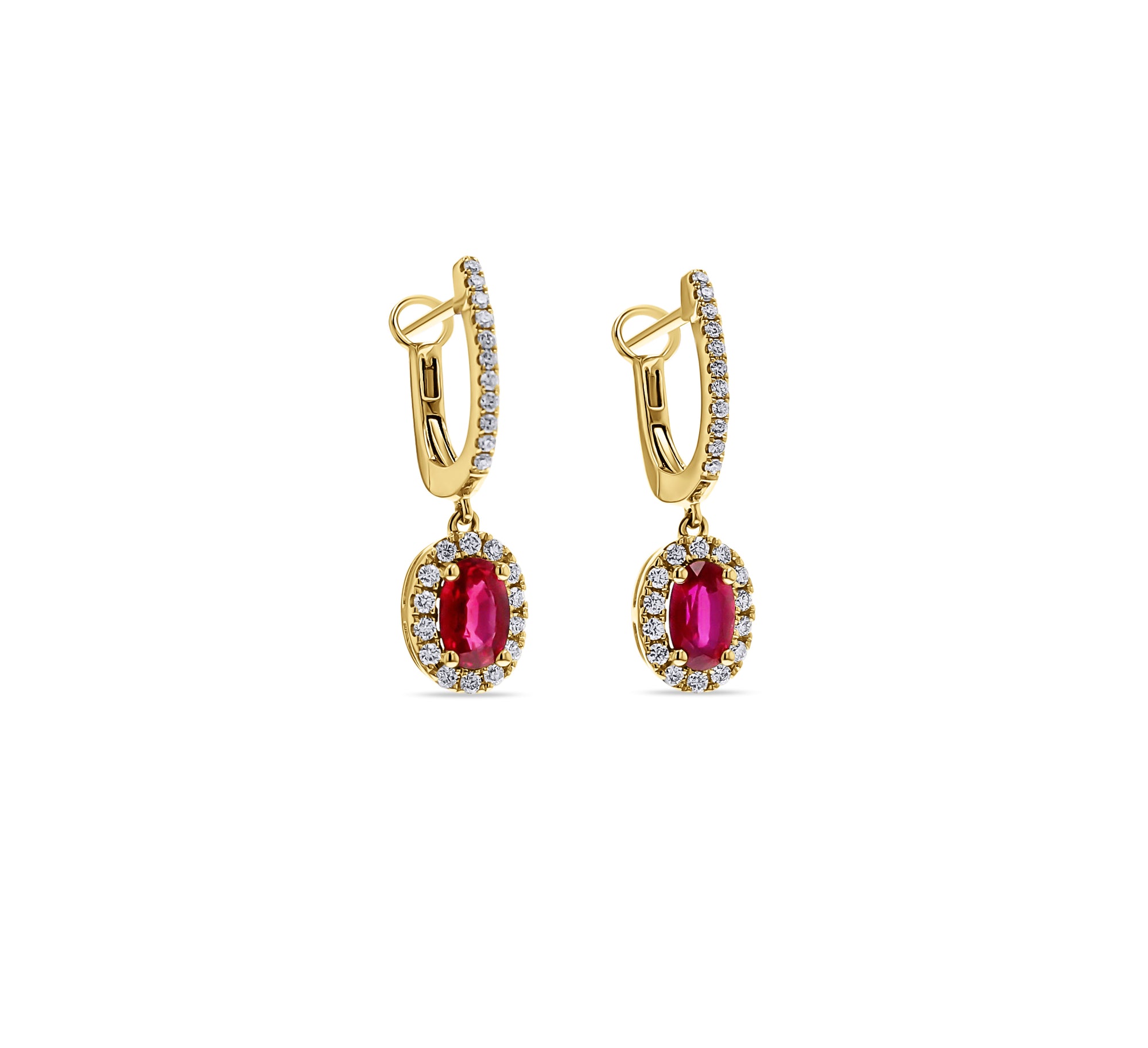 Oval Ruby & Diamond Halo Dangle Earrings - Skeie's Jewelers