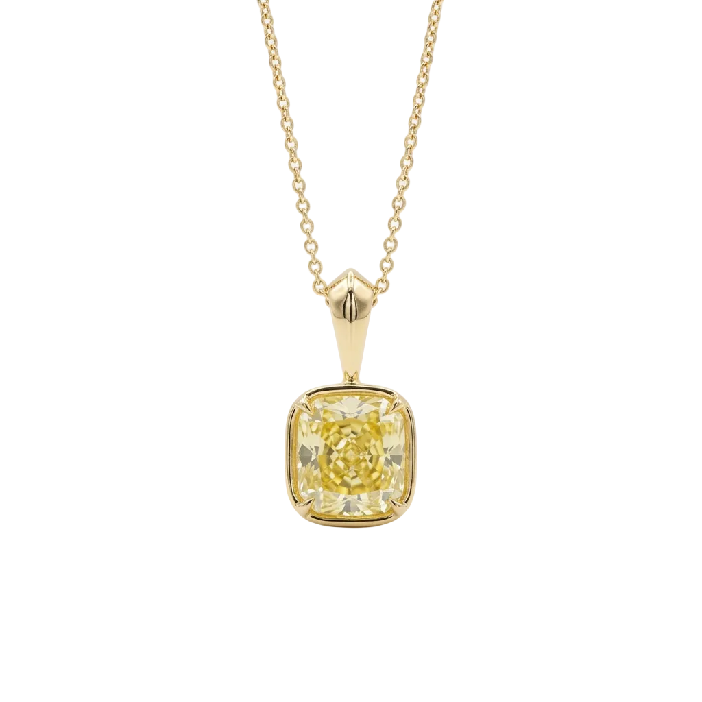 A GIA certified 2.08 carat cushion cut fancy yellow diamond pendant necklace set in a 14K yellow gold bezel on an 18-inch chain.