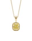 A GIA certified 2.08 carat cushion cut fancy yellow diamond pendant necklace set in a 14K yellow gold bezel on an 18-inch chain.