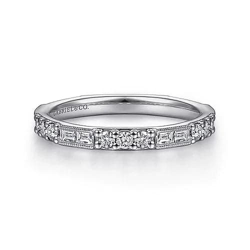 Gabriel & Co. White Gold Baguette and Round Diamond Stackable Ring - Skeie's Jewelers