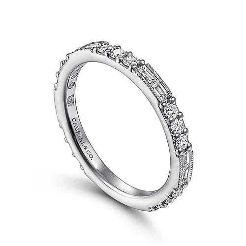 Gabriel & Co. White Gold Baguette and Round Diamond Stackable Ring - Skeie's Jewelers