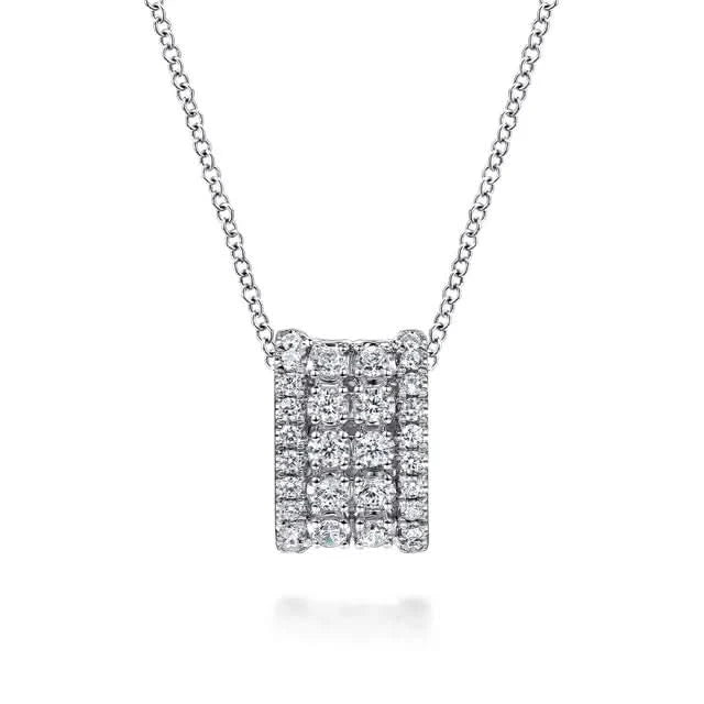 Diamond necklace with a rectangular pendant on a white background