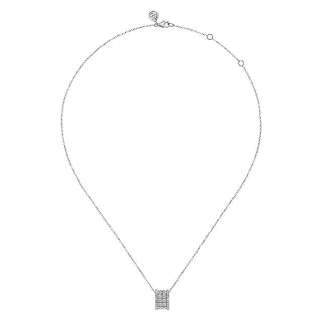 white gold necklace with a rectangular pendant on a white background