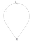 white gold necklace with a rectangular pendant on a white background