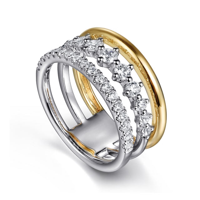 Two diamond-studded rings, one gold and one silver, on a white background- angled