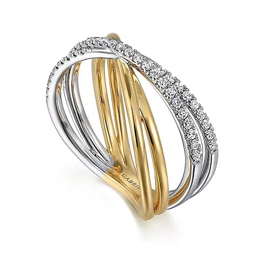 Gabriel & Co. White and Yellow Gold Diamond Criss Cross Ladies Ring - Skeie's Jewelers