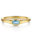 Gold ring with a blue gemstone on a white background