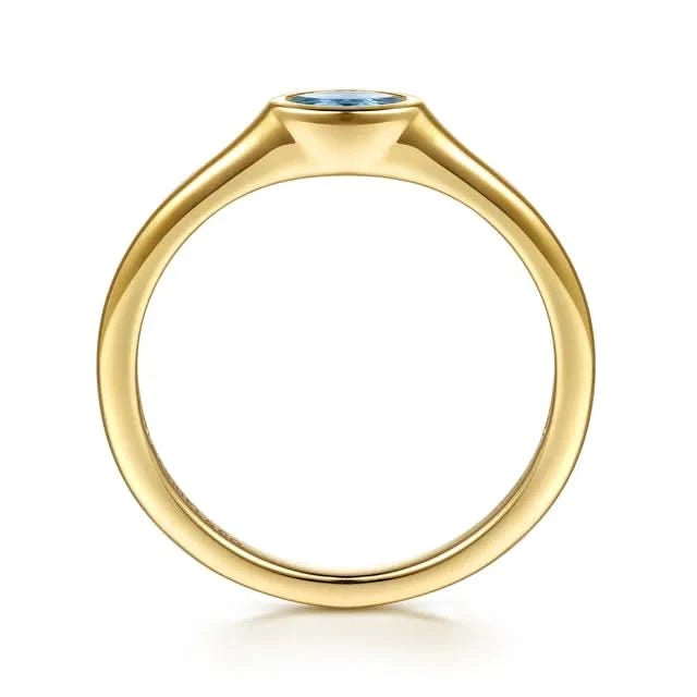 Gold ring with a blue gemstone on a white background shank view