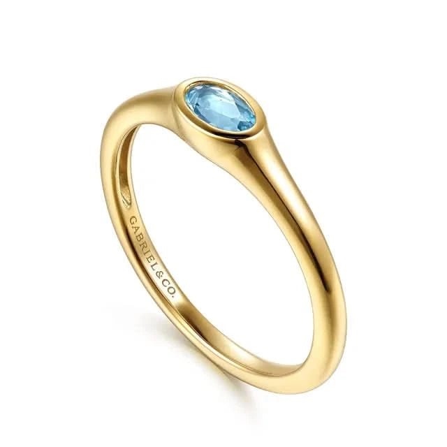 Gold ring with a blue gemstone on a white background angled