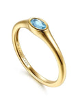 Gold ring with a blue gemstone on a white background angled