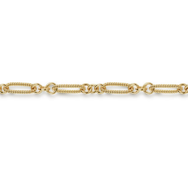 A close-up of a yellow gold chain featuring alternating textured rope links and polished round links, shown horizontally against a plain white background.