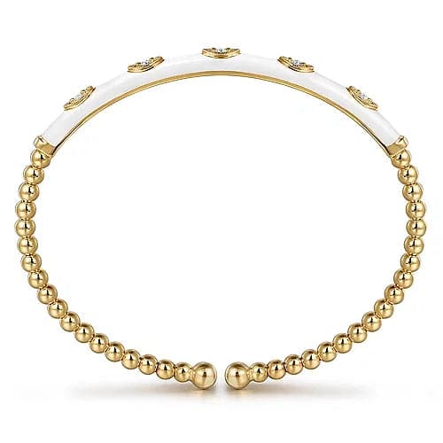 Gabriel & Co. Yellow Gold Bujukan Beads and Diamond Split Bangle with White Enamel - Skeie's Jewelers