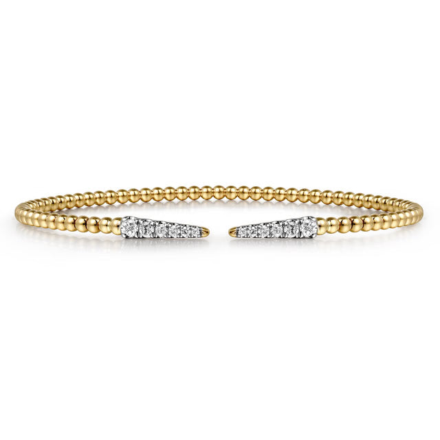 yellow gold beaded open bracelet with diamond spikes 