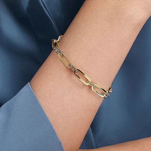 Gabriel & Co. Yellow Gold Casted Bujukan Ball Link and Hollow Paperclip Link Chain Bracelet - Skeie's Jewelers