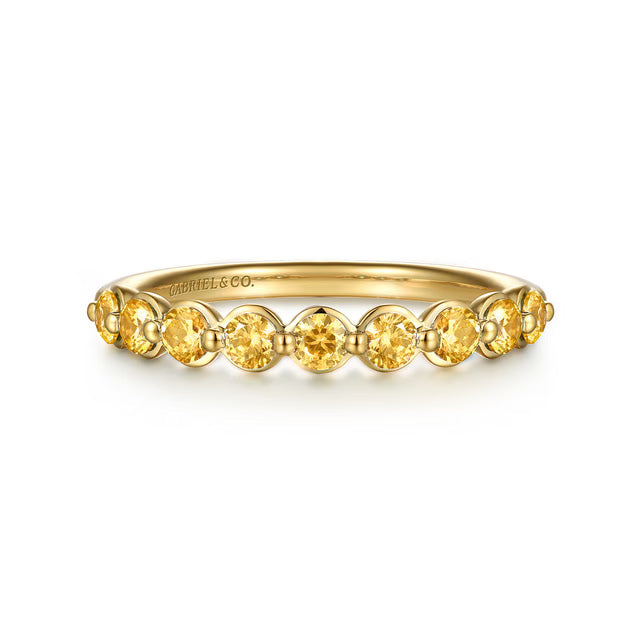 A yellow gold  ring featuring nine round-cut citrine gemstones, shown on a clean white background. The brand name 'GABRIEL &amp; CO.