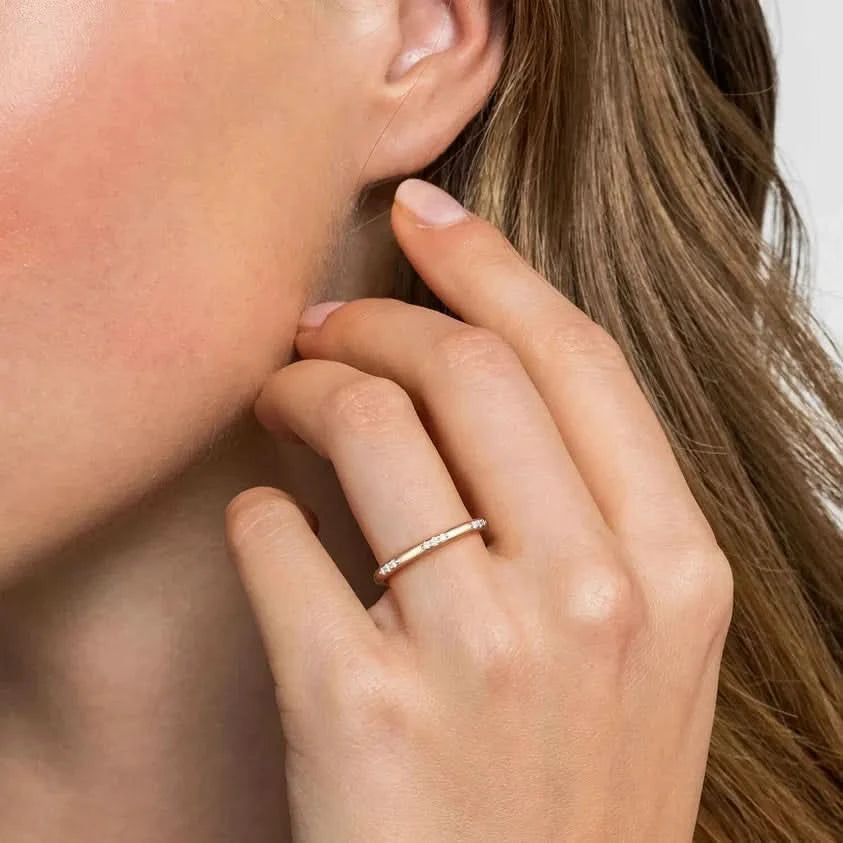Close-up of a hand wearing a ring with a blurred background