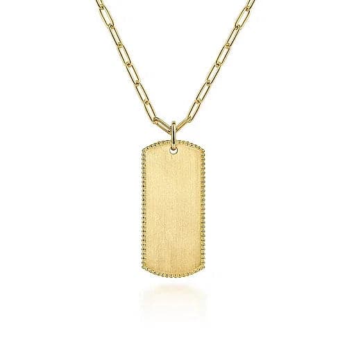 Gabriel & Co. Yellow Gold ID Dog Tag Pendant Hollow Chain Necklace - Skeie's Jewelers