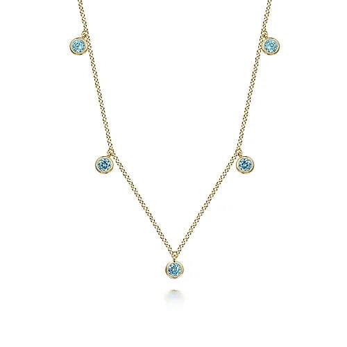 Gabriel &amp; Co. Yellow Gold London Blue Topaz Station Necklace - Skeie's Jewelers