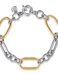 A two-tone chain link bracelet featuring polished silver and yellow gold metal links, displayed on a clean white background.