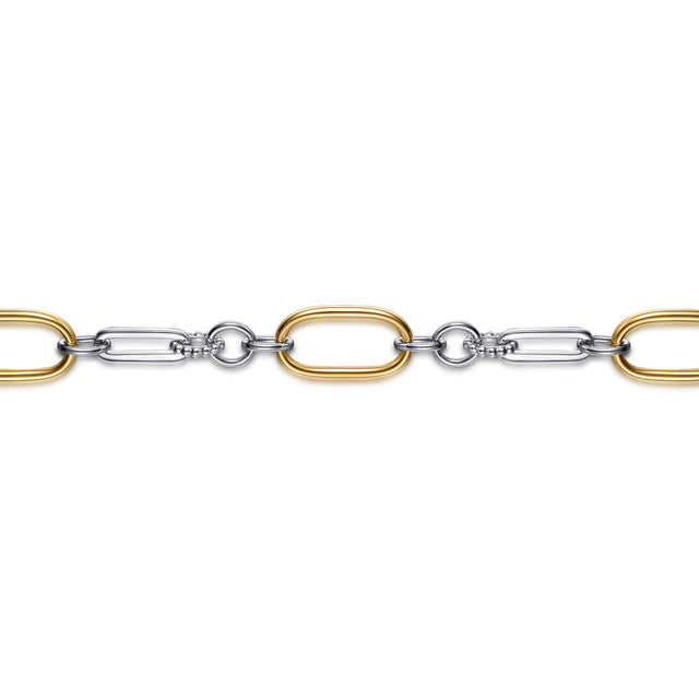 A close-up of a two-tone chain link necklace featuring alternating polished gold and silver links, set against a solid white background.