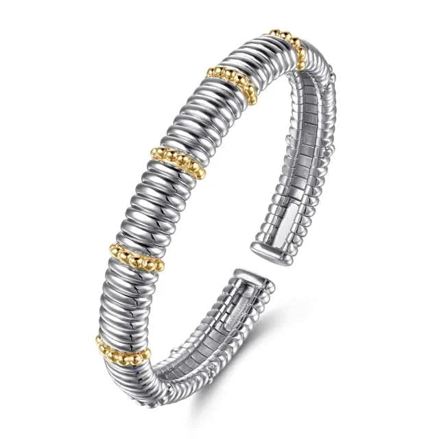 Silver and gold bracelet on a white background angled