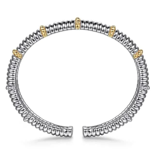 Silver and gold bracelet on a white background side view