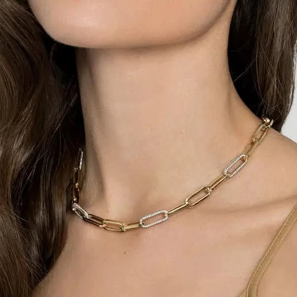 14K Yellow-White Paper Clip Chain Necklace with Diamond Stations - Skeie's Jewelers