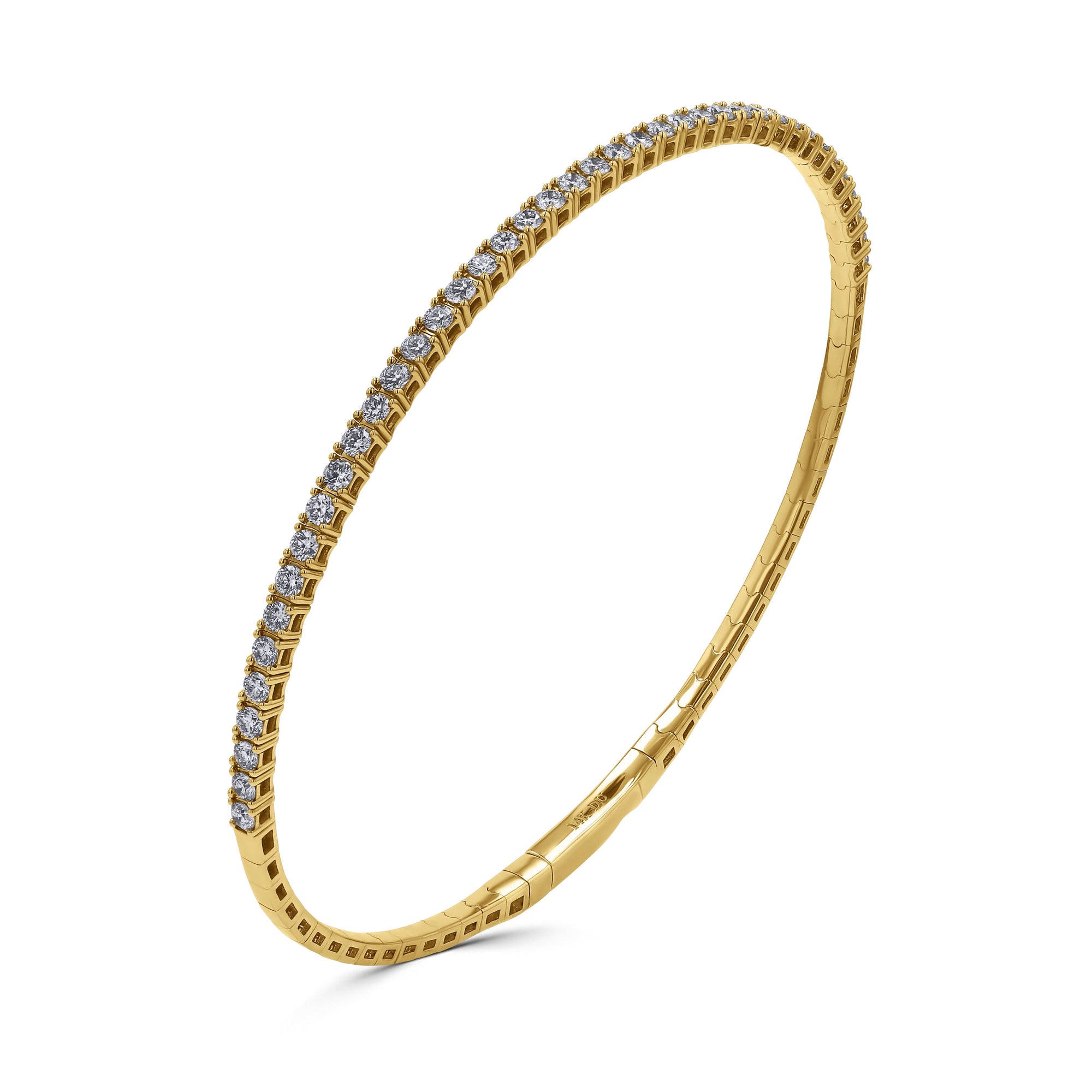 A 14k yellow gold rigid oval bangle bracelet from the 1.01 carat variant option, featuring a delicate single row of round brilliant-cut diamonds set halfway across the top bar.