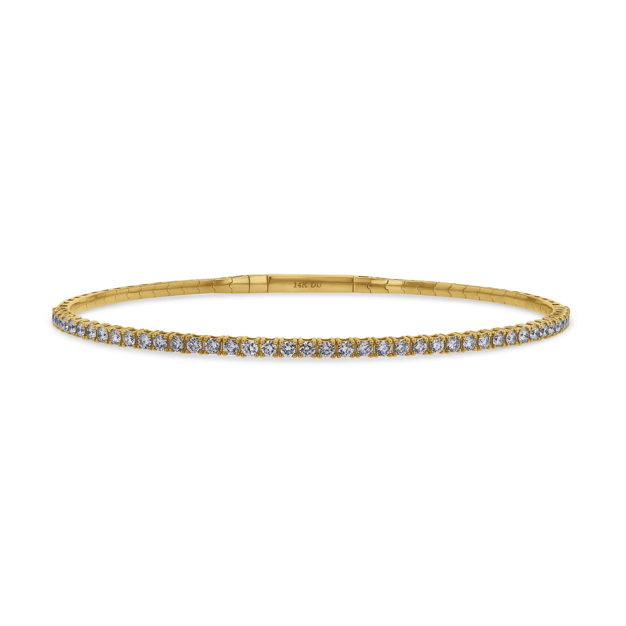 A 14k yellow gold rigid oval bangle bracelet from the 1.01 carat variant option, featuring a delicate single row of round brilliant-cut diamonds set halfway across the top bar. front view