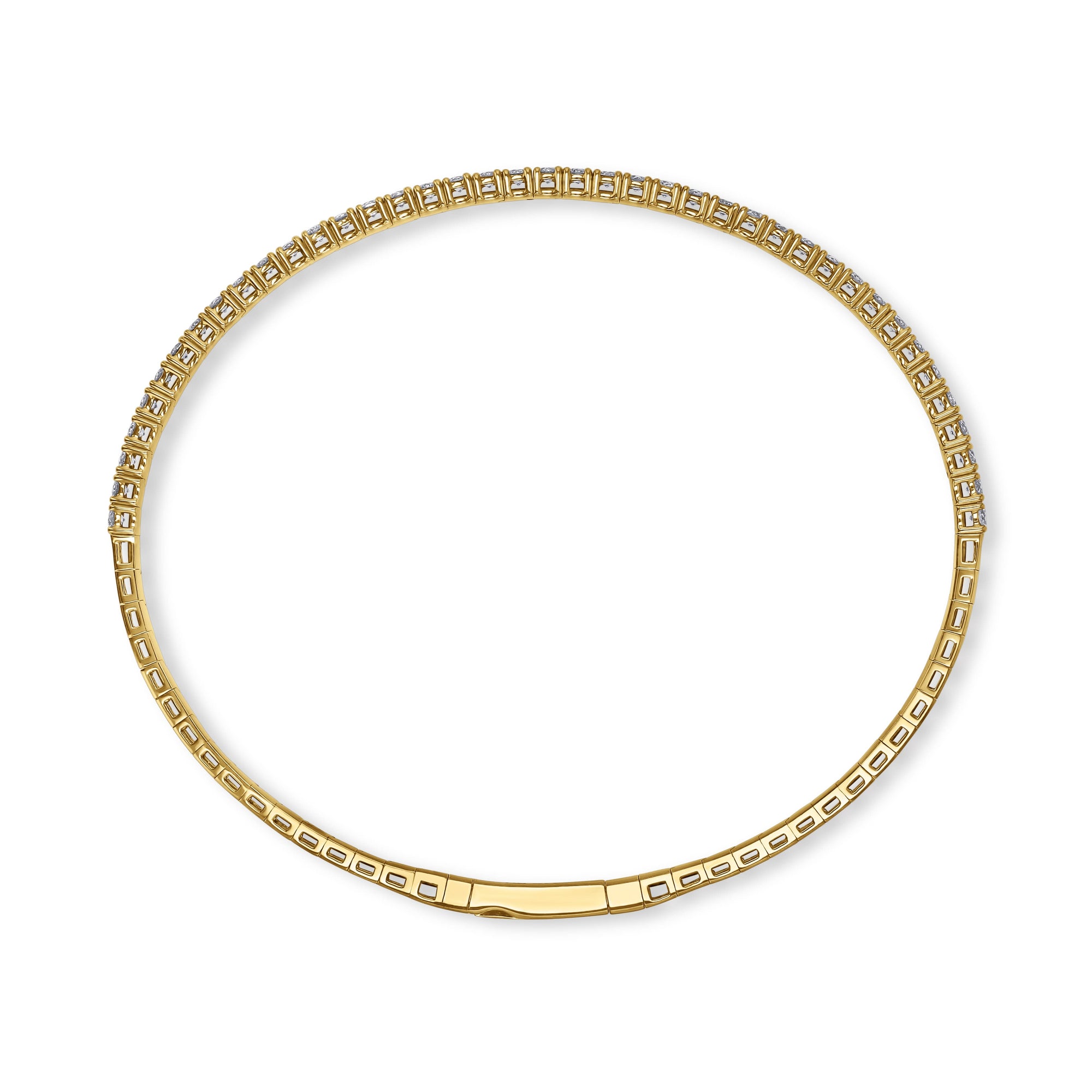 A 14k yellow gold rigid oval bangle bracelet from the 1.01 carat variant option, side profile view.