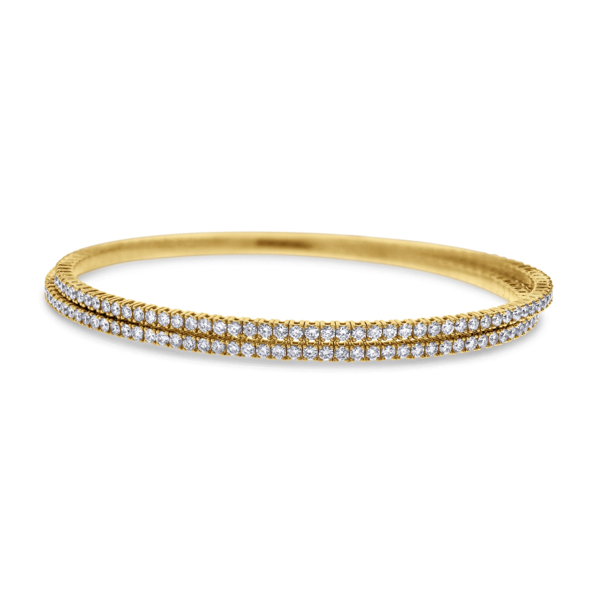 A 14k yellow gold rigid oval bangle bracelet showcasing two parallel rows of brilliant round diamonds across the top half, finished with finely textured vertical engraving along the outer gold edges.