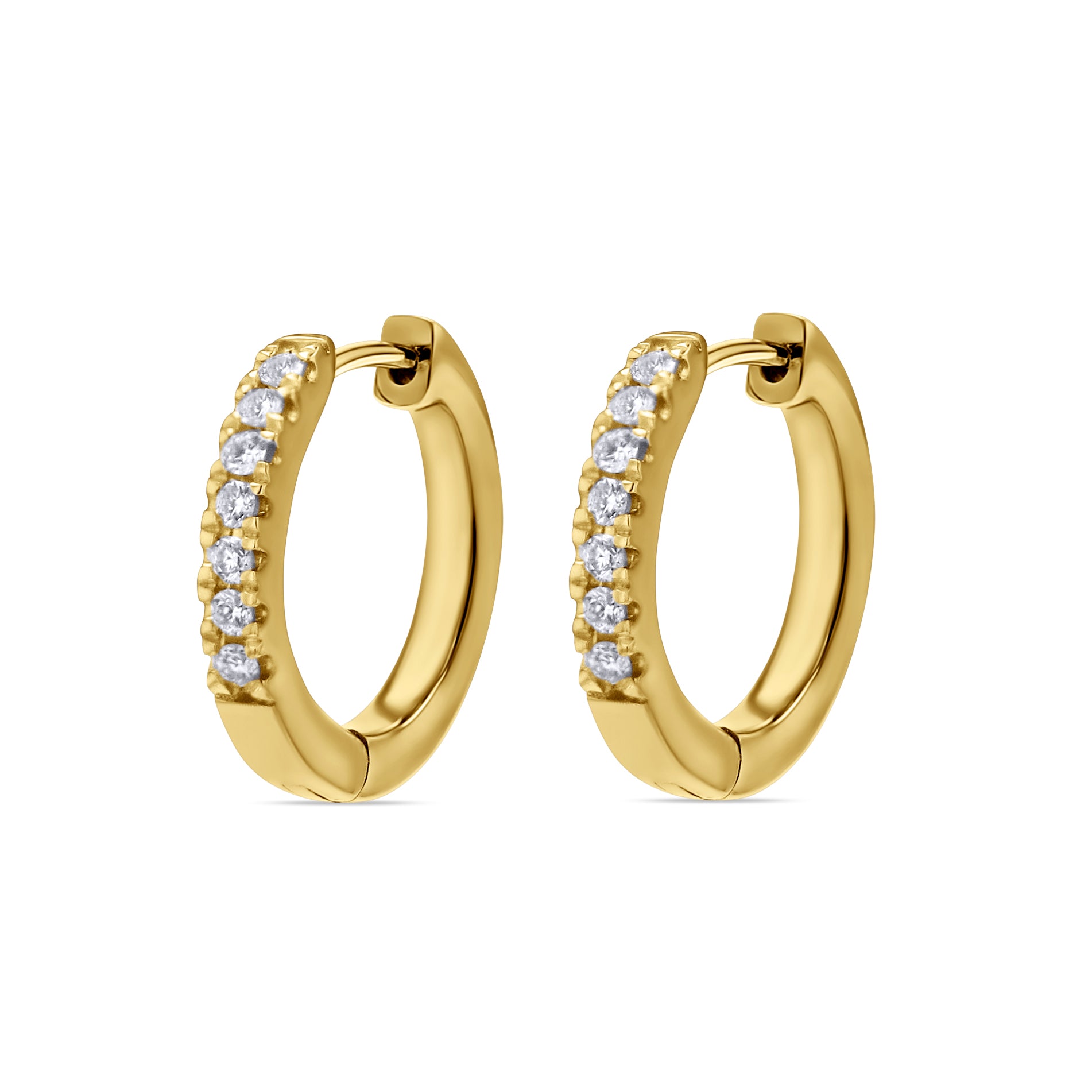 Gold hoop earrings with small diamonds on a white background