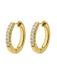 Gold hoop earrings with small diamonds on a white background