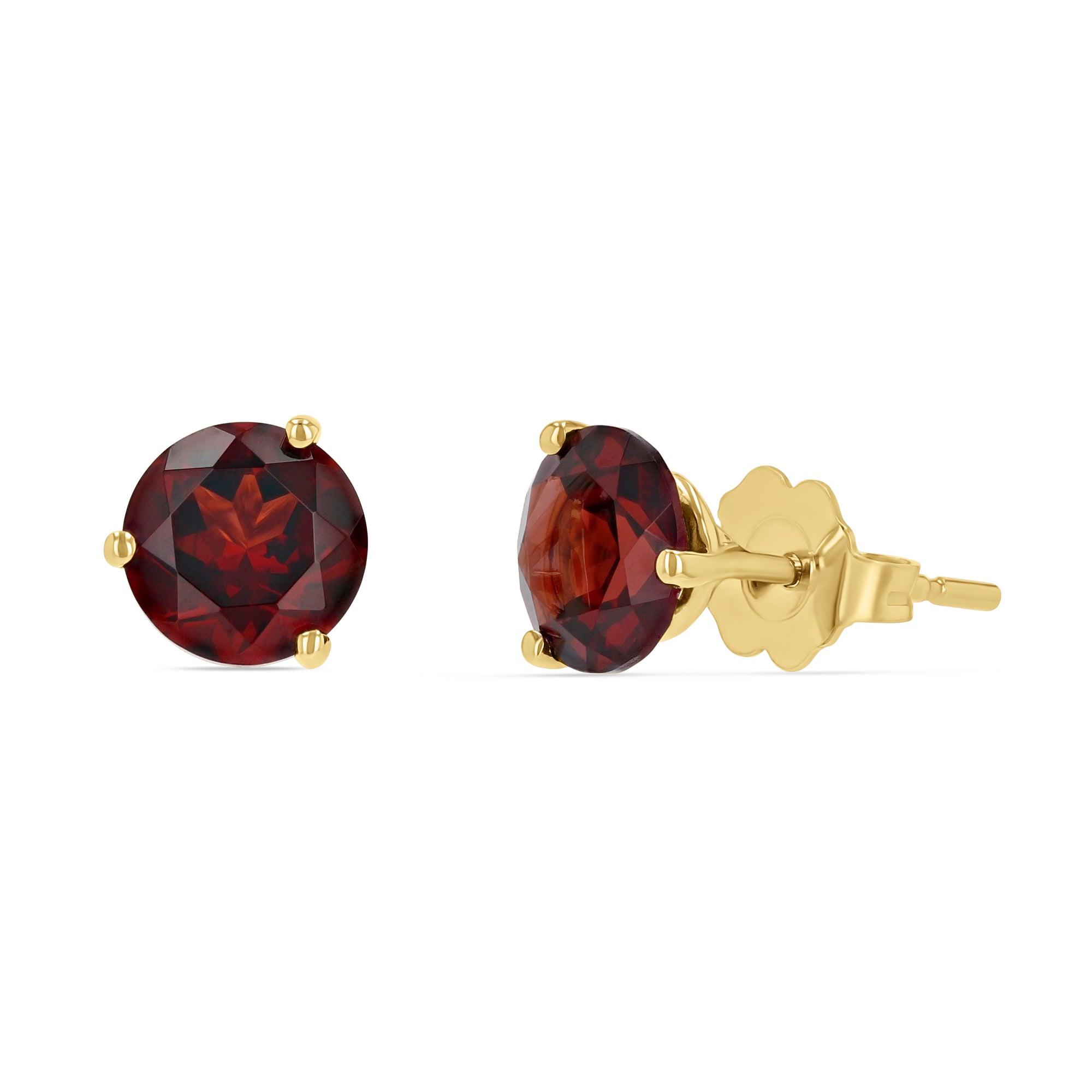 A pair of genuine round red garnet stud earrings set in 14k yellow gold 3-prong martini settings with scalloped butterfly backings, displayed on a crisp white background.