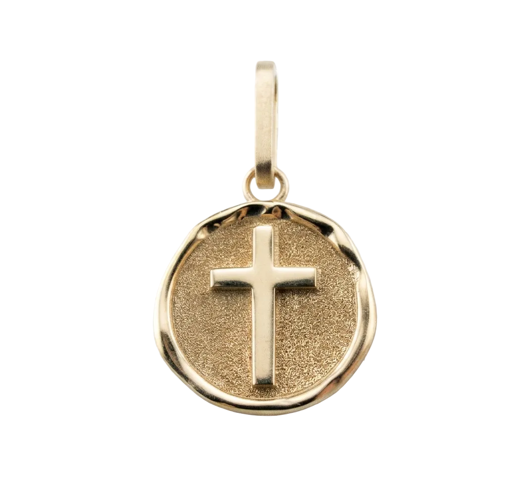 Gold pendant with a cross design on a white background