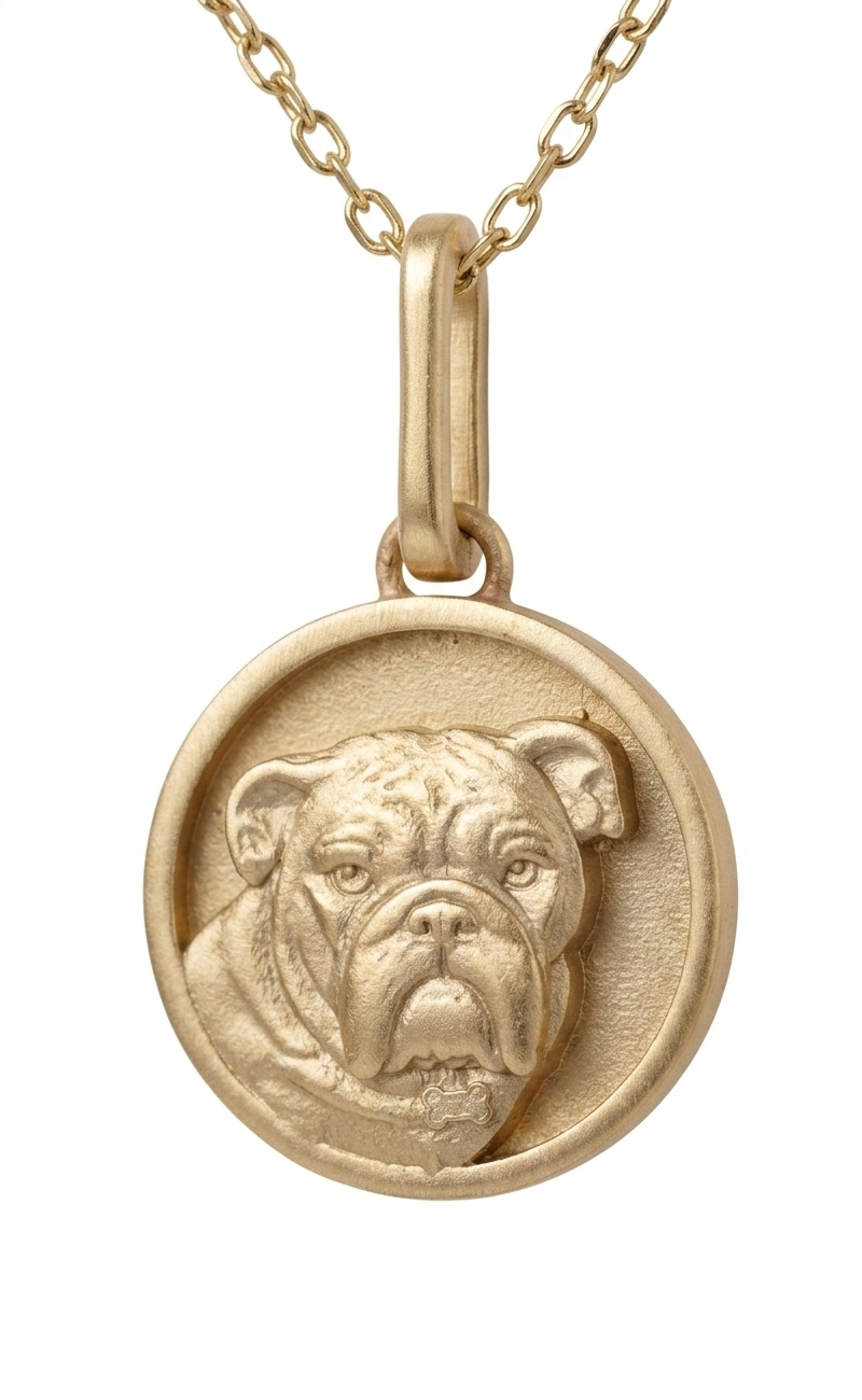 Close-up perspective view of the Skeie's Jewelers 14k yellow gold bulldog charm, highlighting the heavy dimensional folds of the jowls, the secure top bale, and the high-polish outer rim on a seamless white background.
