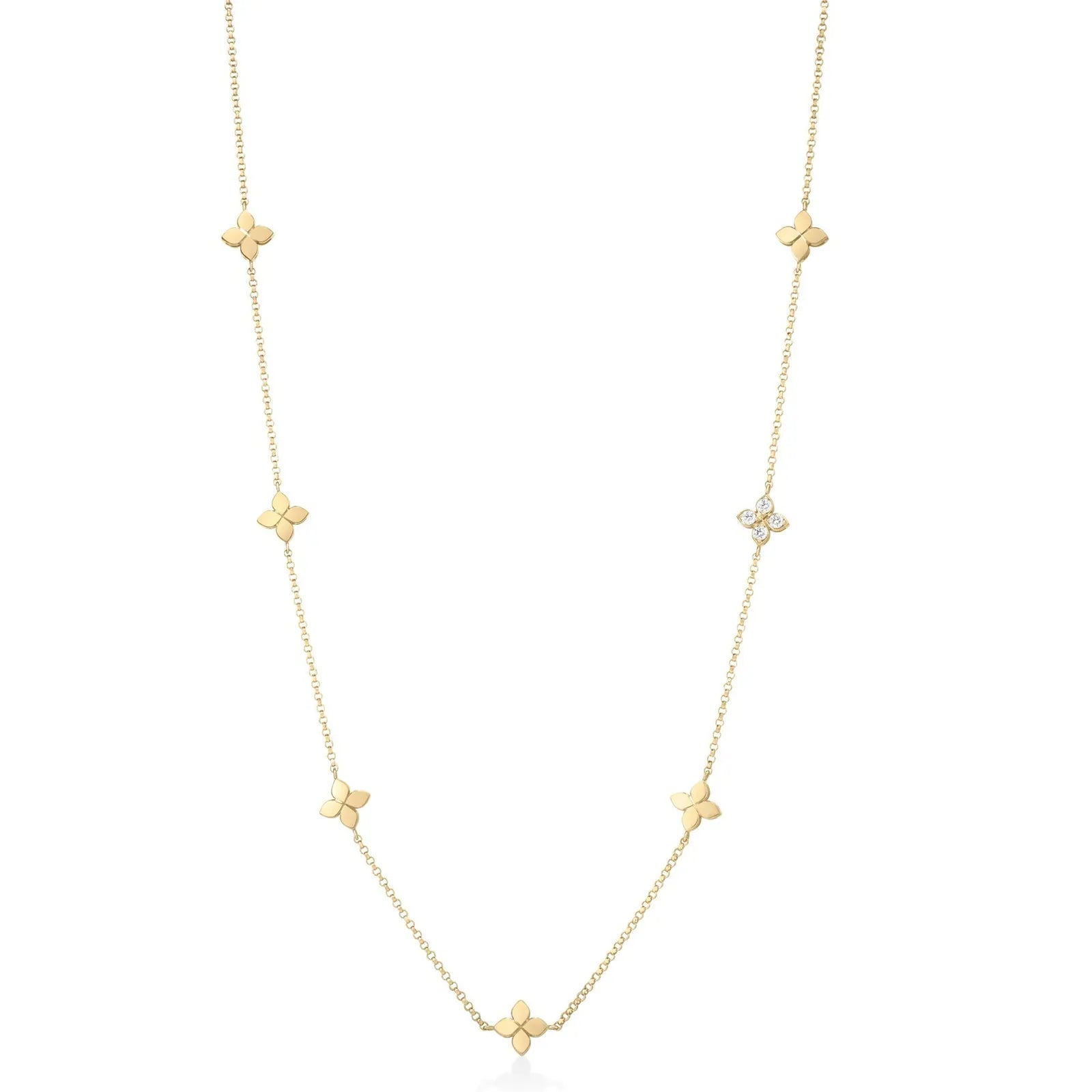 Gold necklace with flower shaped stations on a white background