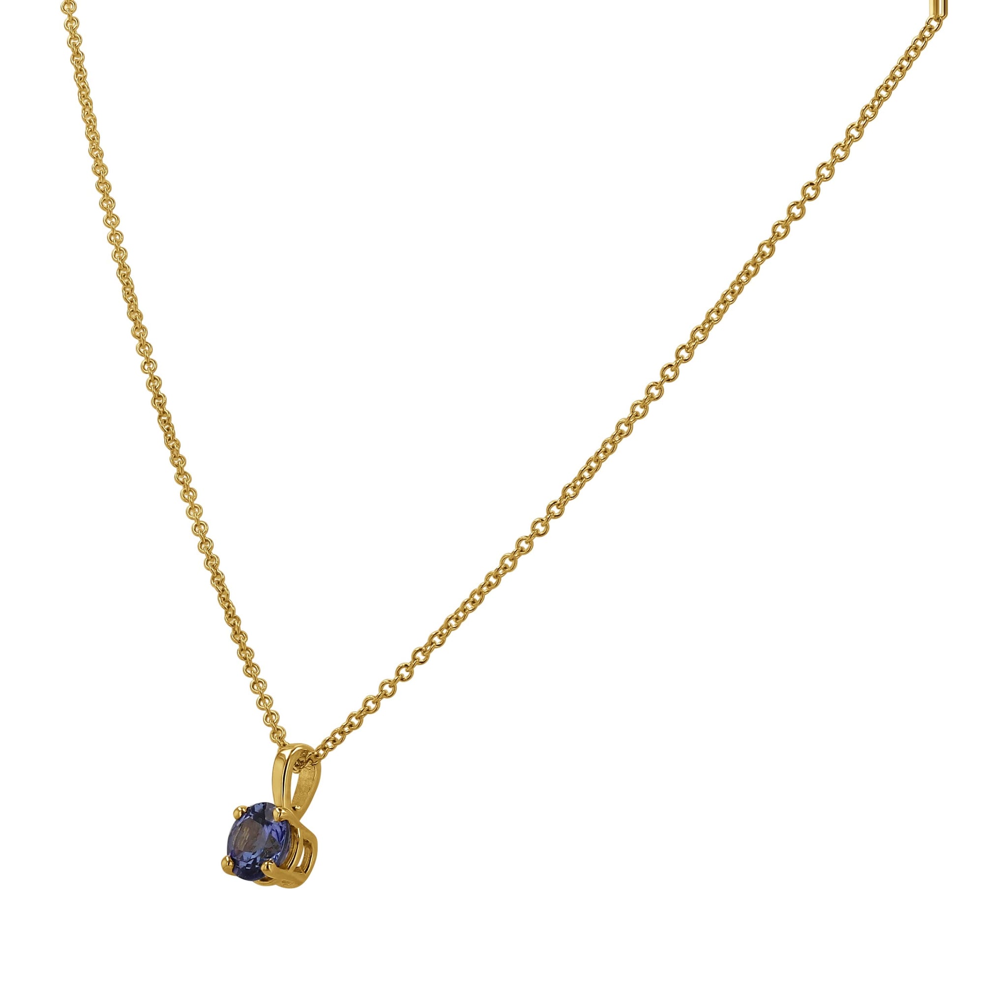 Gold necklace with a blue gemstone pendant on a white background angled side view
