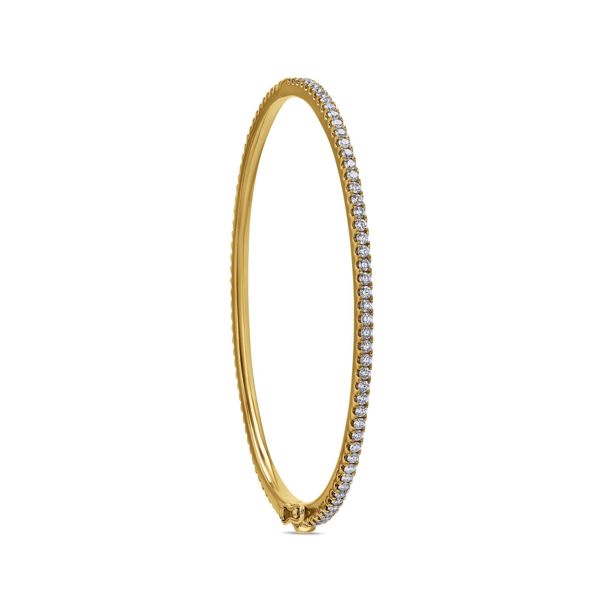 Gold bracelet with clear stones on a white background angled side profile
