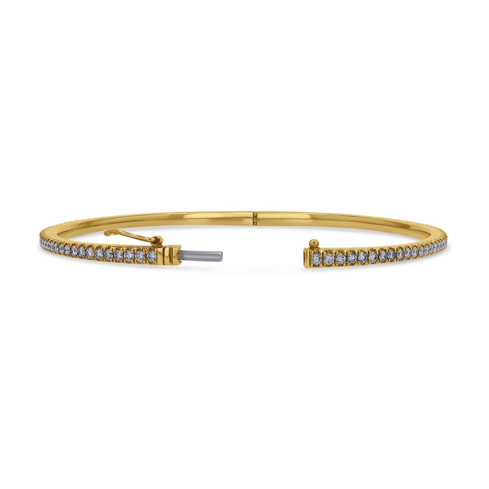 Gold bracelet with diamond accents with open clasp on a white background 
