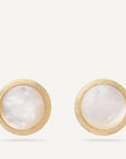 Pair of gold earrings with round white mother of pearl stones on a white background