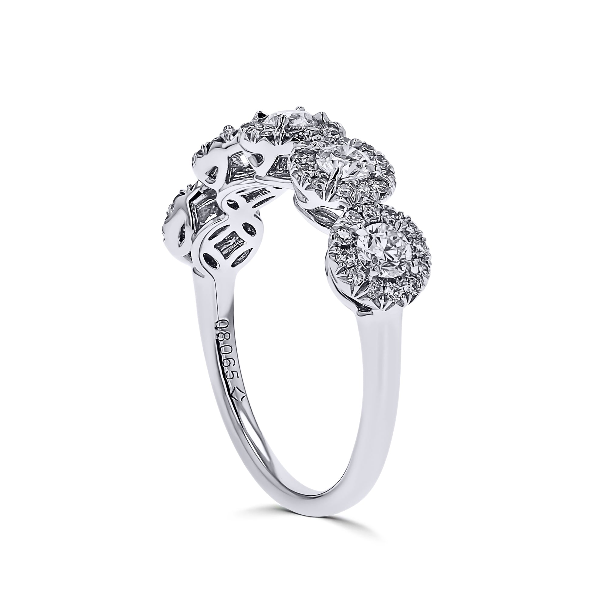 Platinum 5 halo diamond band angled view with Forevermark Stamp showing
