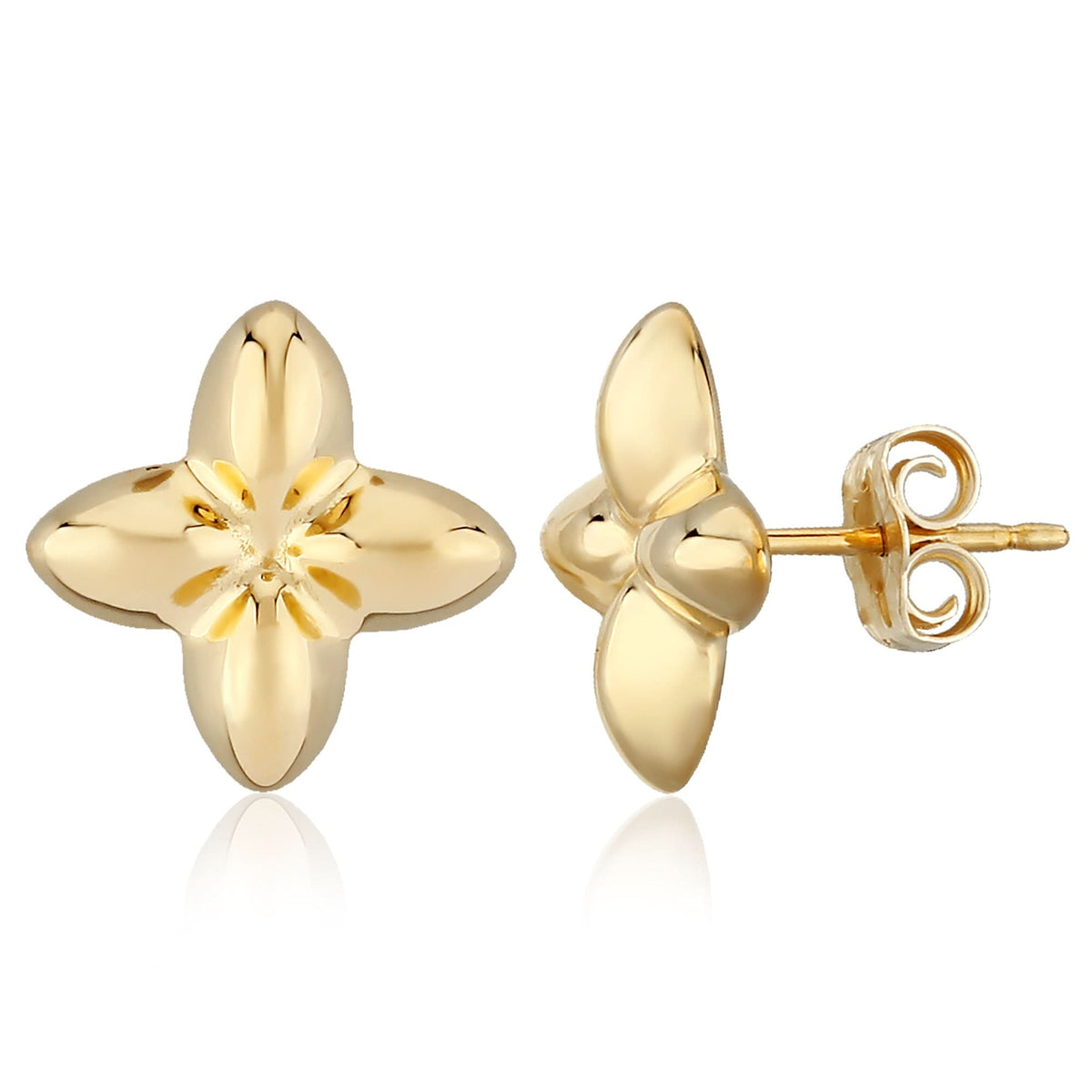 A pair of gold flower stud earrings, one shown from the front and the other from the side/back, on a clean white background with a subtle reflection.