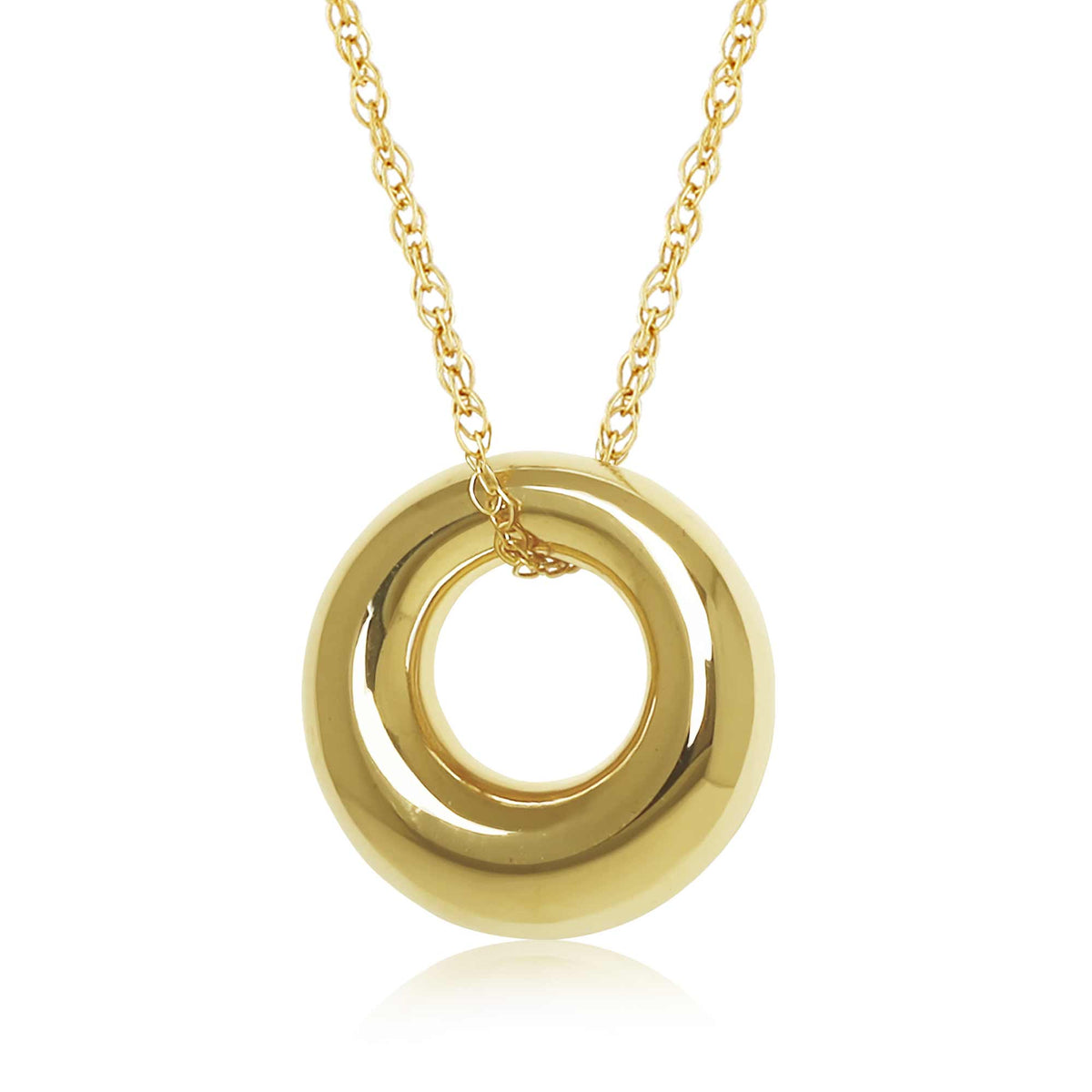 Gold necklace with a  circular pendant on a white background