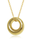 Gold necklace with a  circular pendant on a white background