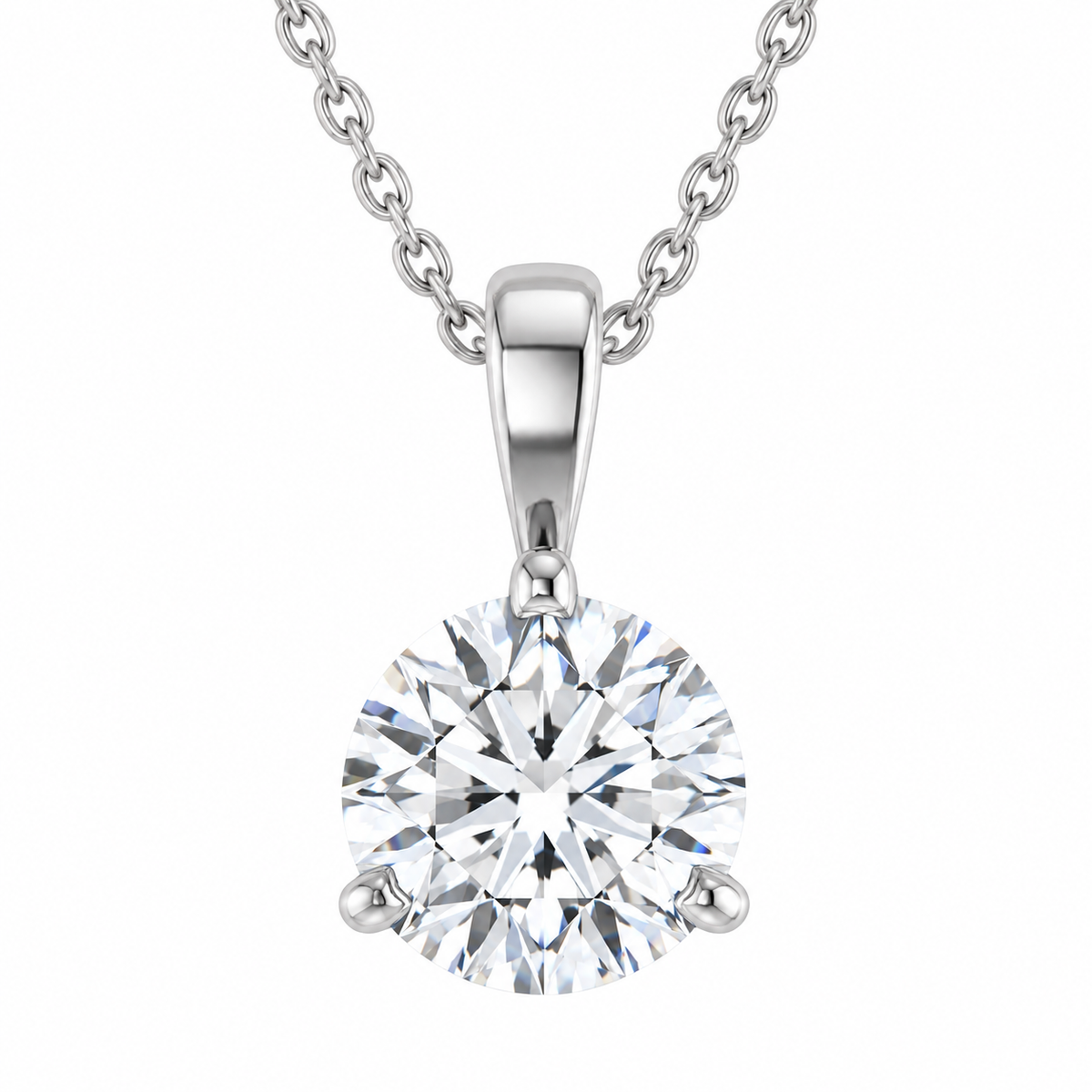 A round brilliant-cut diamond pendant necklace on a silver chain, shown against a plain white background.