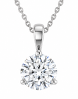 A round brilliant-cut diamond pendant necklace on a silver chain, shown against a plain white background.