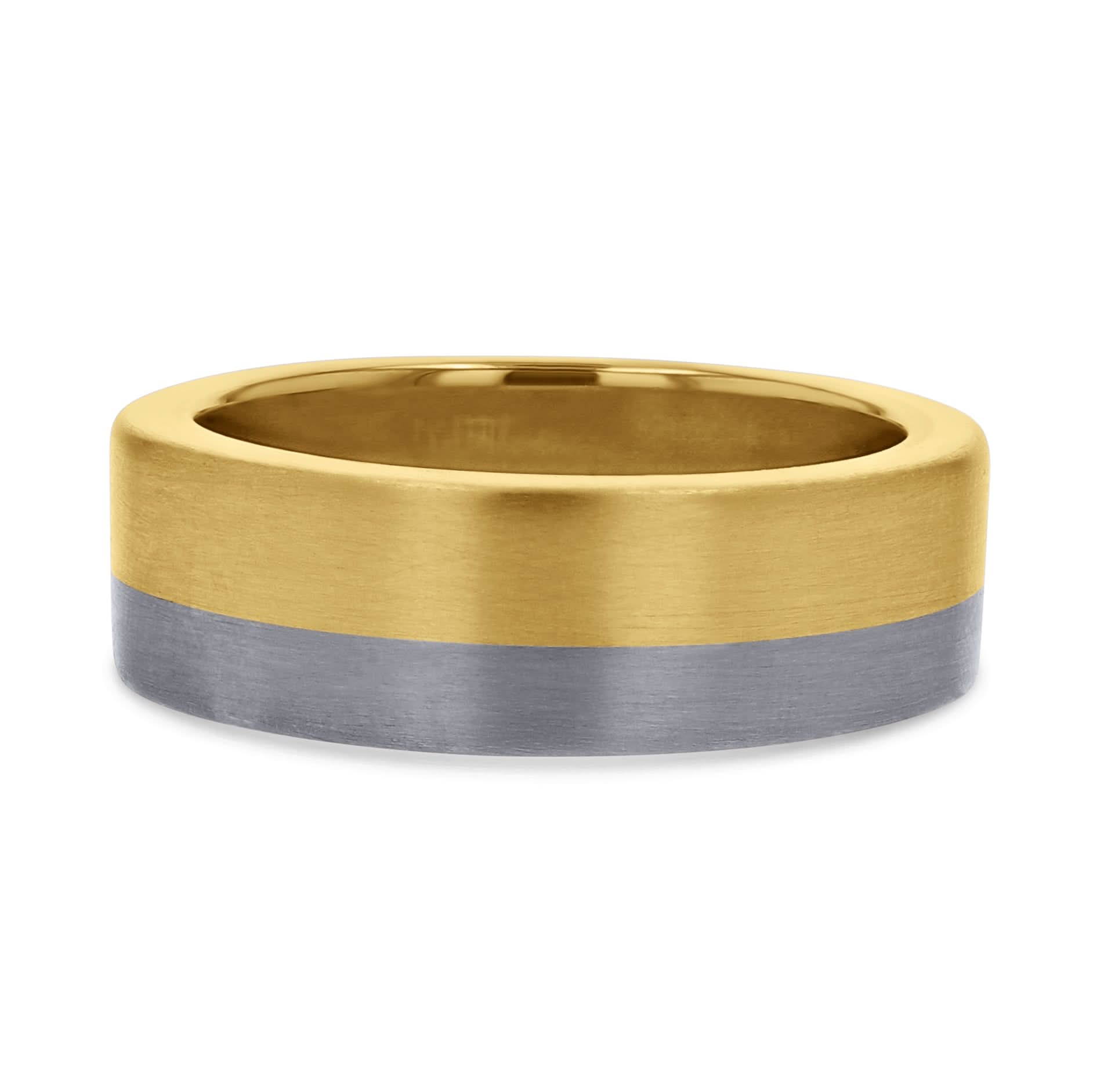 A 7mm two-tone gold wedding band by Skeie's Jewelers, featuring a horizontally split design of 14k yellow gold on the top half and 14k white gold on the bottom half, both finished with a brushed satin texture.